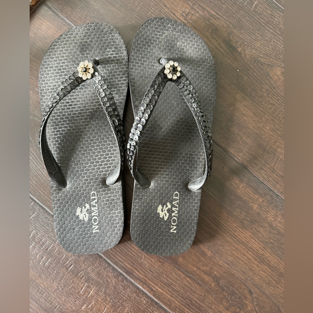 Nomad sequin black flip flops- size 9 1/2